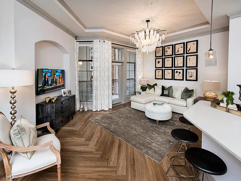 Herringbone vinyl plank flooring in the living room