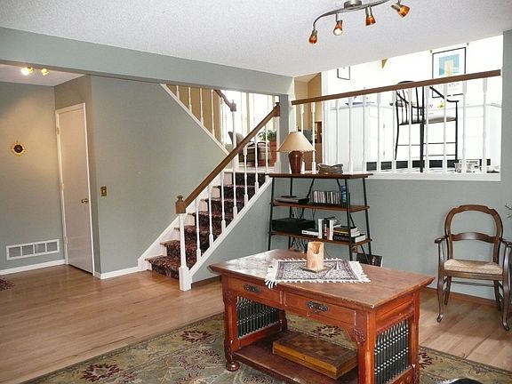 Family room looking up to kitchen