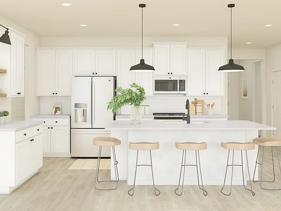Kitchen with pendant lighting and floating shelves