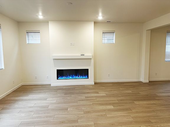 Living room with linear electric fireplace.