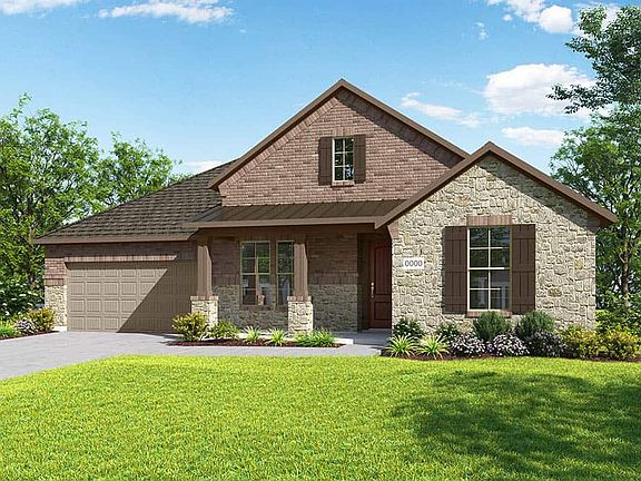 Elevation D is a single story farmhouse inspired brick and stone elevation with a metal roof detail