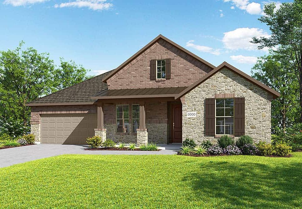 Elevation D is a single story farmhouse inspired brick and stone elevation with a metal roof detail