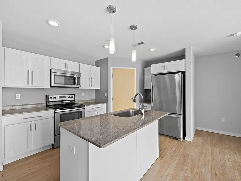 Modern kitchen with sleek granite countertops, stainless steel appliances, and elegant pendant lighting. Modern kitchen with sleek granite countertops, stainless steel appliances, and elegant pendant lighting.