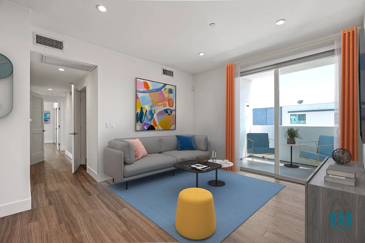 Living Room with Vinyl Flooring, Recessed Lighting, and Patio - Orlando on First by Wiseman