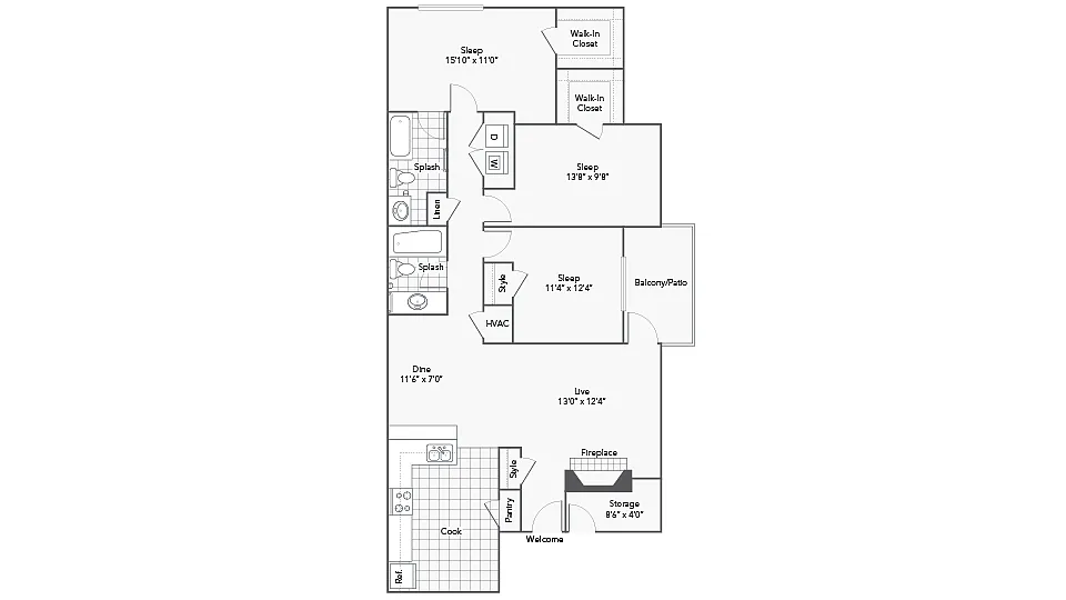 Floor plan 3 Bed 2 Bath Washer Dryer B