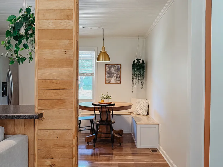 Warm wood accents throughout