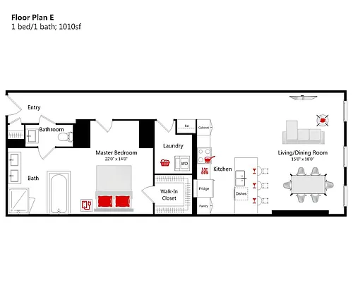 Floor plan 1 BED/ 1 BATH - 1010 S/F ( E)