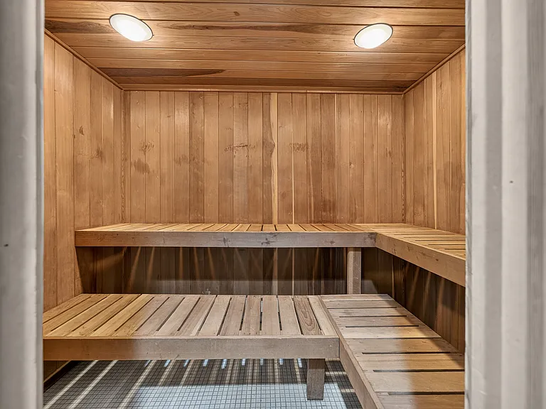 Dry sauna in 24-hour fitness and wellness center at Drawbridge Apartments in Harrison Township, MI.