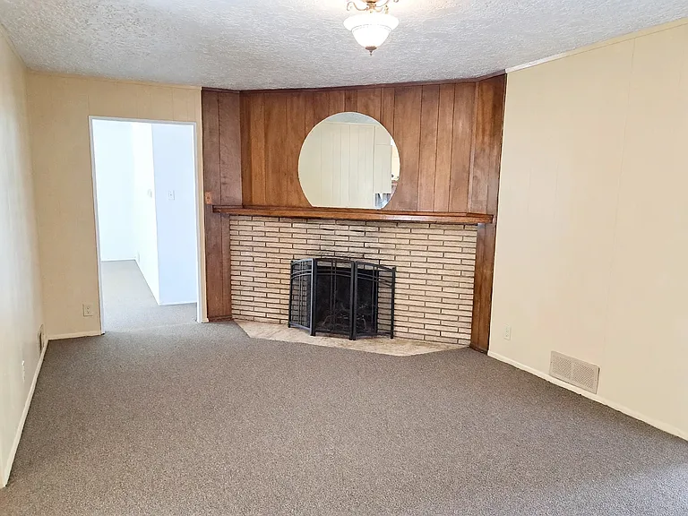 Den with wood-burning fireplace