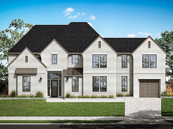 A large, two-story white house with a black roof sits on a well-manicured lawn, surrounded by trees