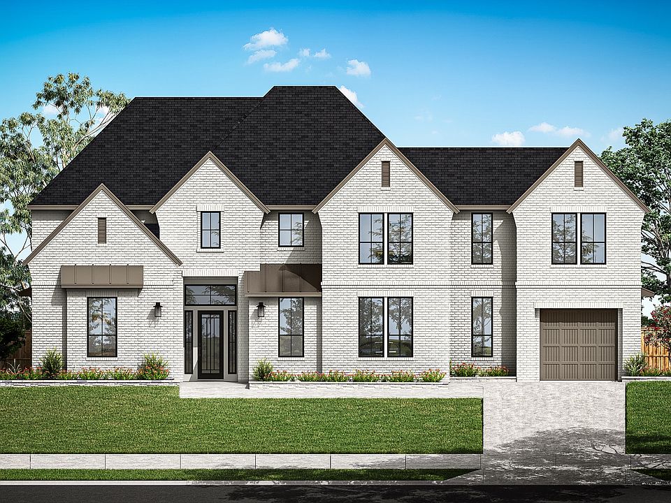 A large, two-story white house with a black roof sits on a well-manicured lawn, surrounded by trees
