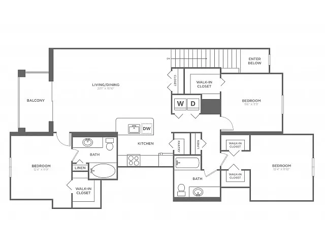 Floor plan Lauderdale Three Bedroom Two Bath (1445 SF)