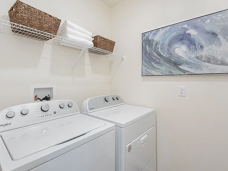 Modern laundry room with sleek appliances, elegant wall art, and convenient shelving.