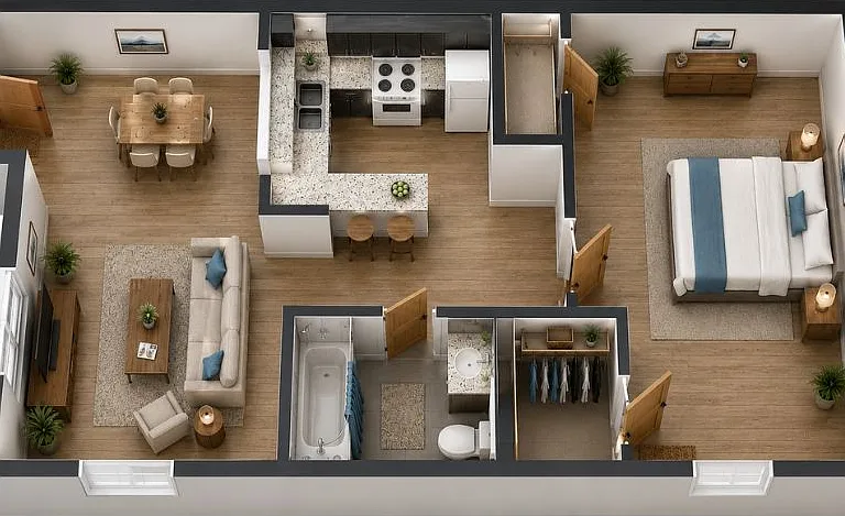 Sleek 3D floor plan showcasing a spacious 1-bedroom apartment with a modern kitchen, cozy living room, and elegant dining area. Sleek 3D floor plan showcasing a spacious 1-bedroom apartment with a modern kitchen, cozy living room, and elegant dining area.