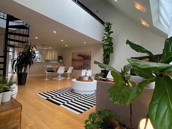 High ceiling windows and skylight.