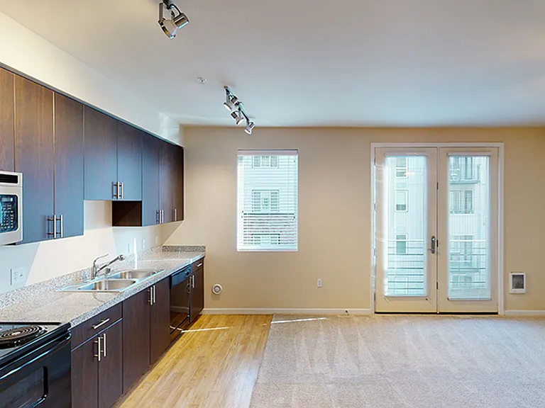 Apartment kitchen, dining and living room with plush carpet flooring.
