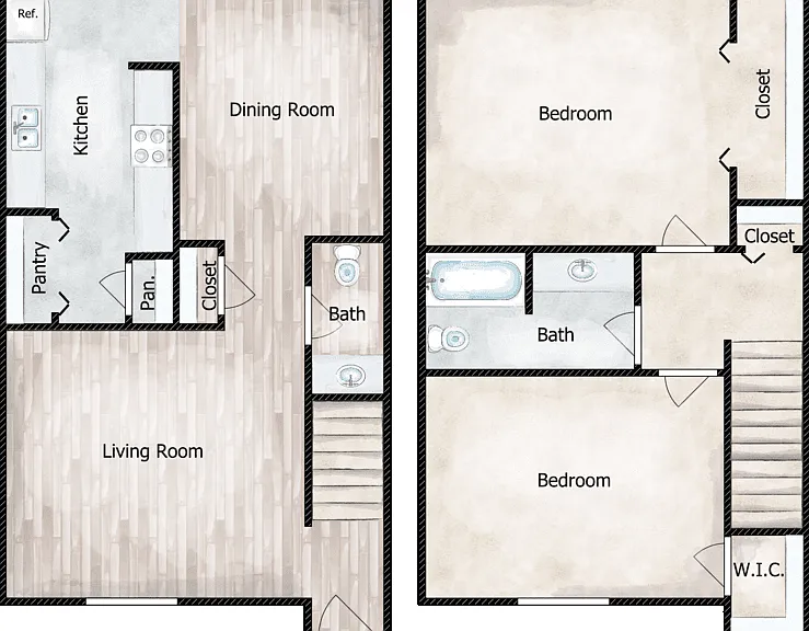 2 Bed 1.5 Bath Townhouse Floorplan Diagram
