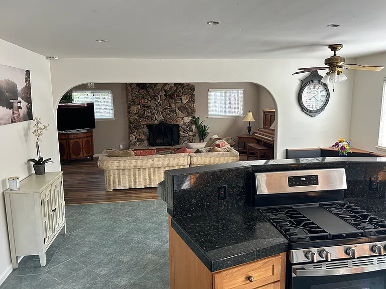 Kitchen looking into living room.