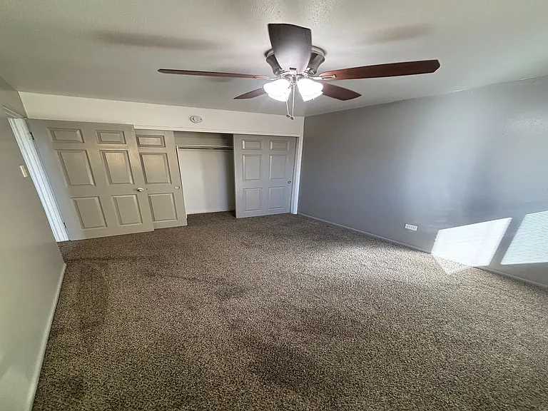 Bright bedroom with plush carpet, modern ceiling fan, and ample closet space.