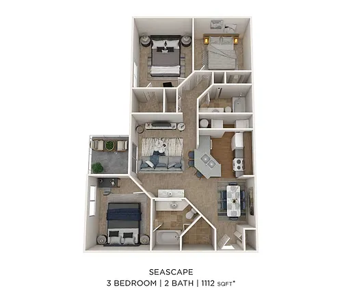 Floor plan Three Bedroom 2 Bath-1112 sqft