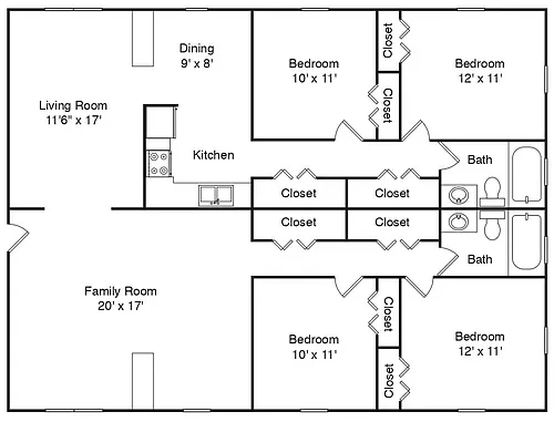 Floor plan 4 Bedroom, 2 Bath