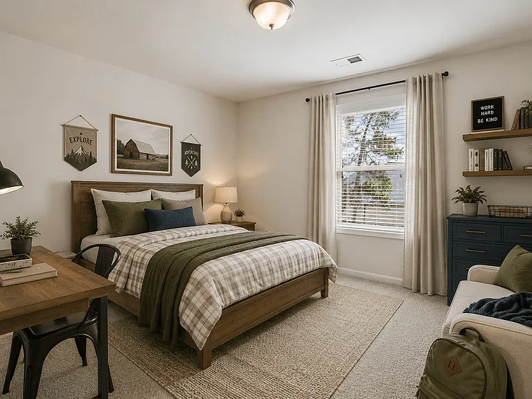 Guest bedroom featuring a queen bed with a dedicated desk and chair workspace.
