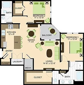 Floor plan 2 BR 1312sf