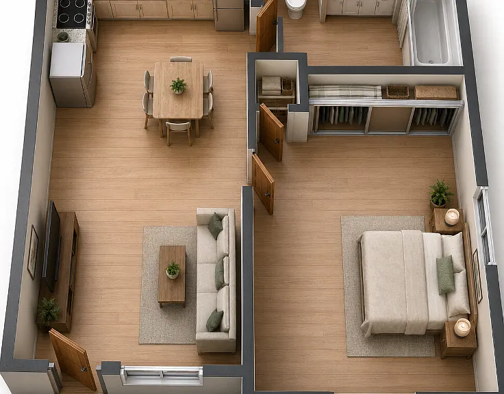 1 Bed 1 Bath Floorplan Diagram