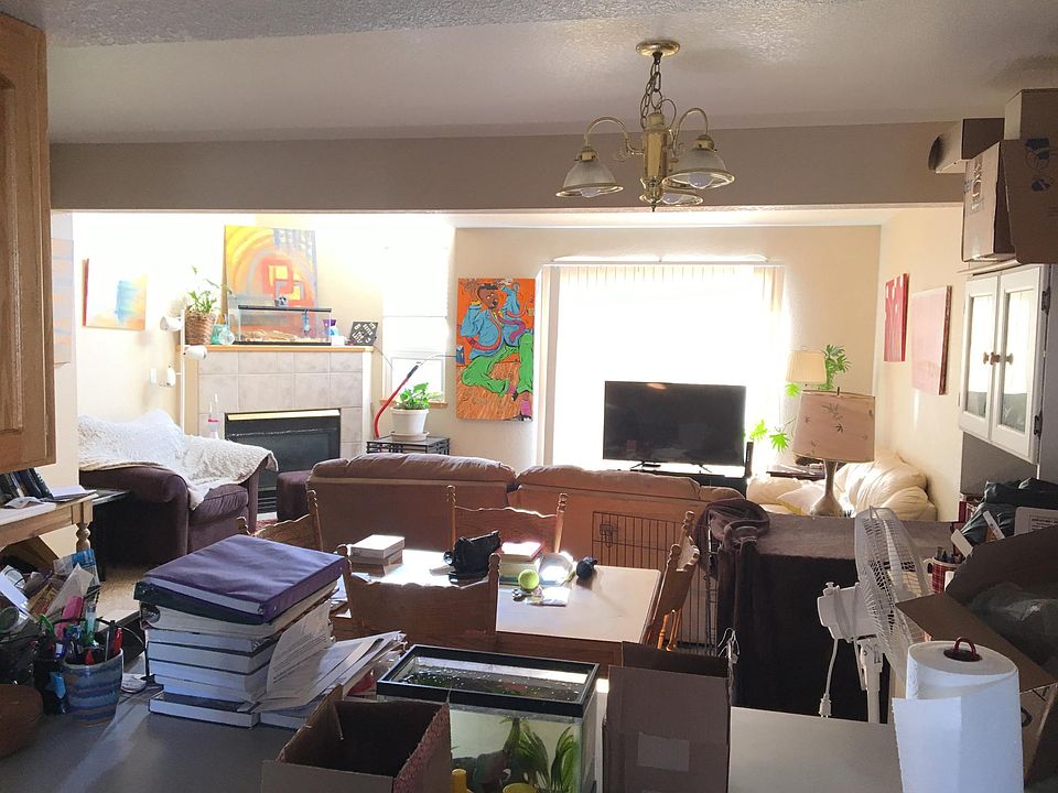 view from kitchen into dining/living area