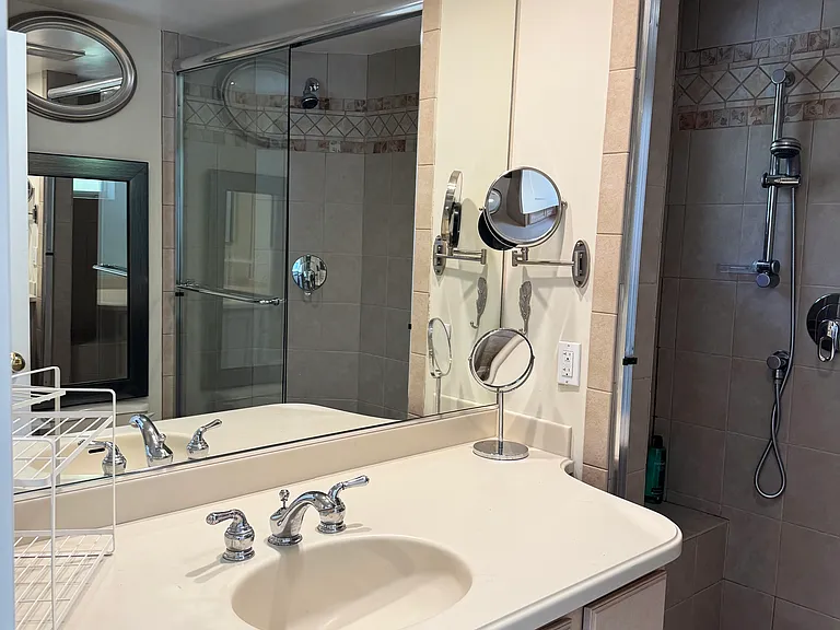 Garden level full bathroom with double headed shower and designer tiles made by an artist.