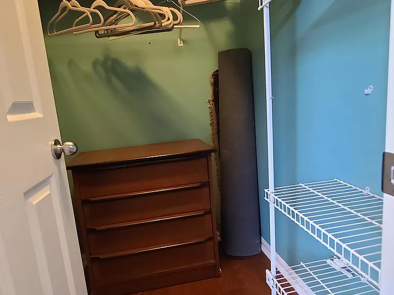 Walk-in closet with bureau.