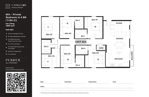 Floor plan 604 - Private Bedroom in 6BR / 5BA (C)