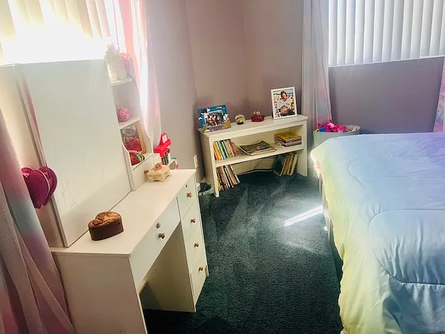 Bedroom #4: Full size bed, Nite stands w/ 3 drawers, Black-out curtains, Spacious closet, Vanity, Portable fan, Toddler table