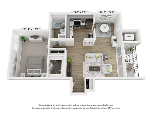 Floor plan Q - 1BR 1BA (750sf)