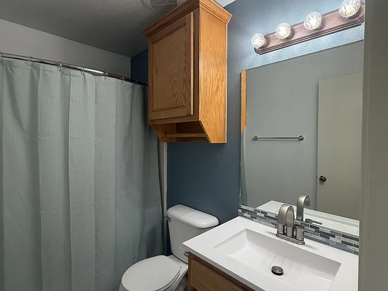 Hallway and guest bathroom. Shower tub combo.