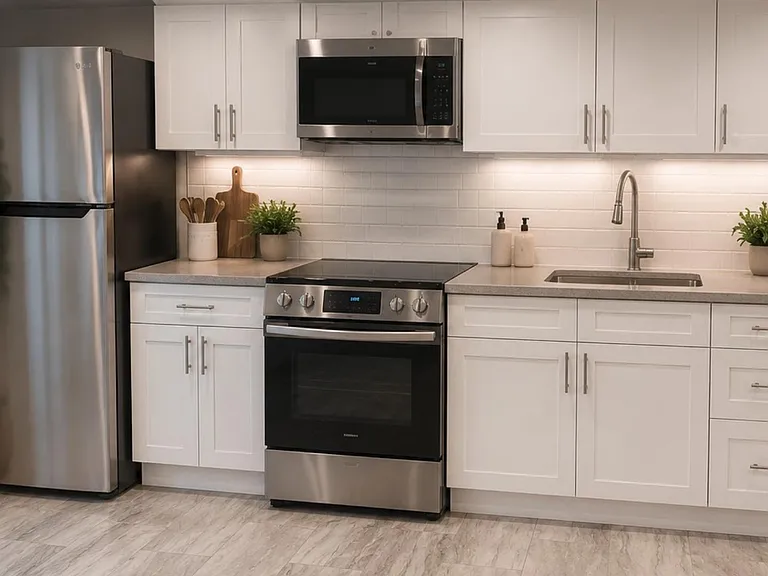 Streamlined kitchen with stainless appliances, ample shaker cabinetry, and generous counter space with an undermount sink.