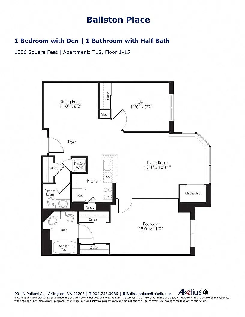 Floor plan 1 Bedroom with Den, 1.5 Bath