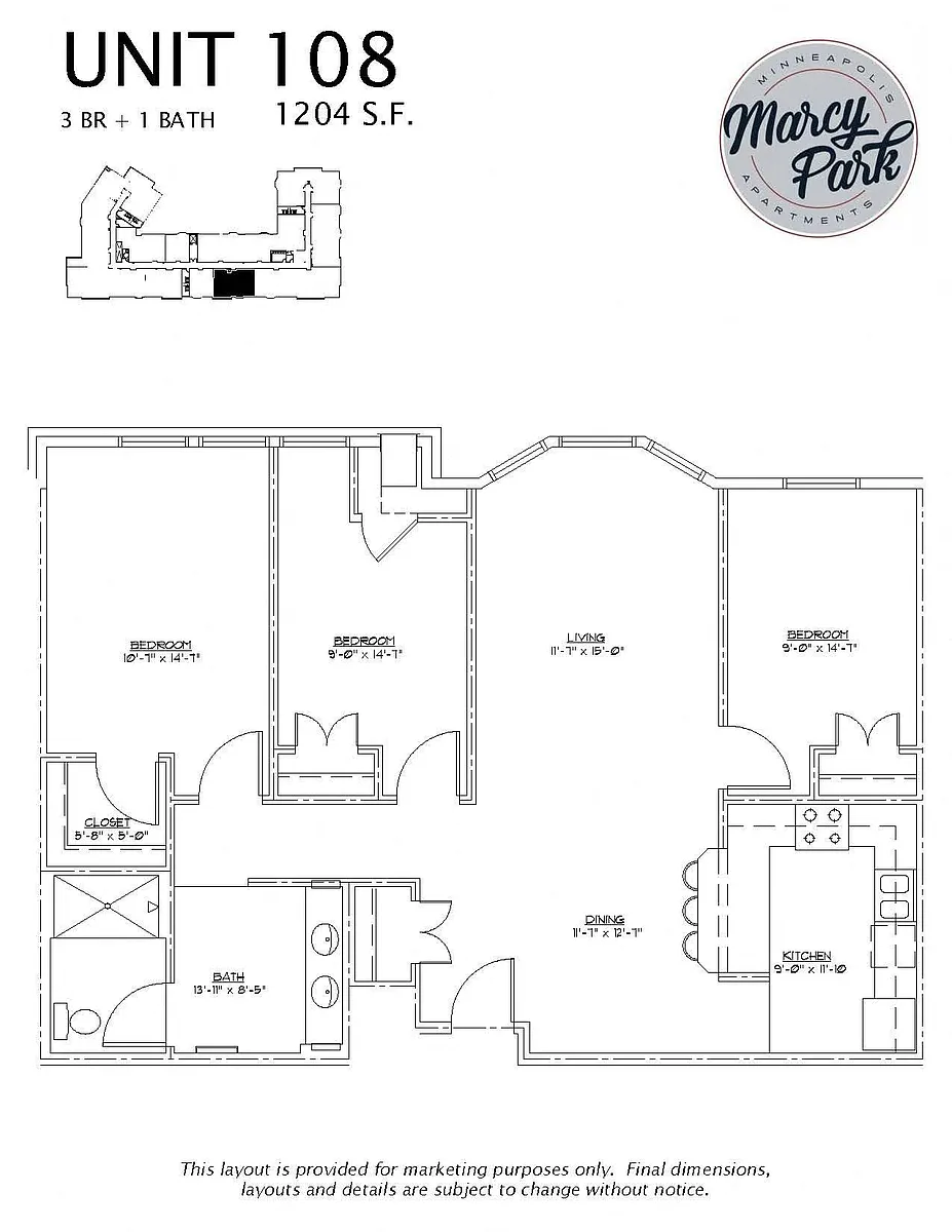 Floor plan 3 Bedroom 1 Bath (108)