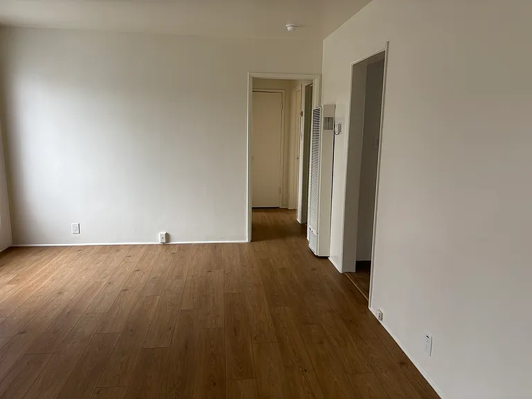 Front room. Kitchen entrance at right. Hall leads to the bathroom and bedroom to the right and bedroom to the left.
