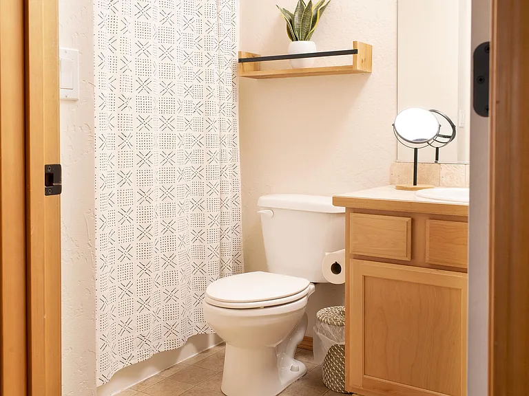 Hall Bathroom - Full Shower / Tub with dual head and handle. New floor in Dec 2023