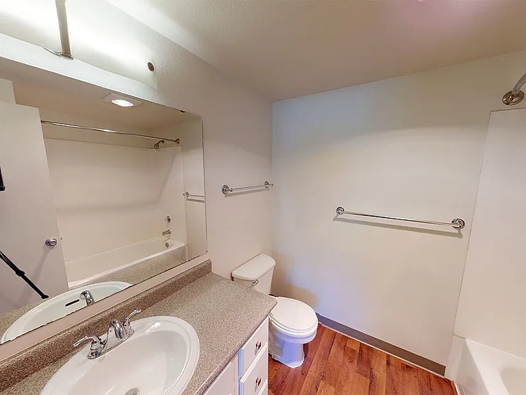 Apartment bathroom with wood-style flooring.
