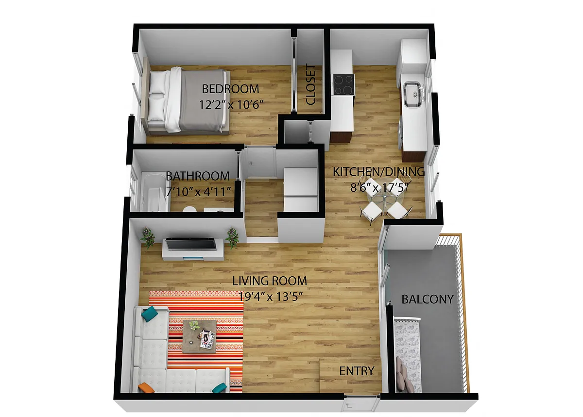 Floor plan 1 Bedroom, 1 Bathroom (A)