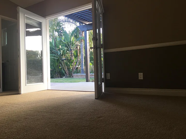 View from bedroom. French doors open to patio.