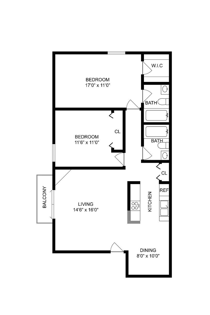 Floor plan 2 BR x 2 BA - A - Renovated