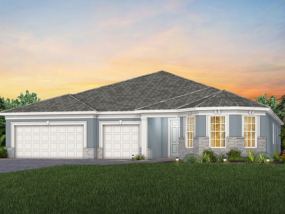 The Renown, a one-story single family home with a 3 car garage, shown as home exterior FM2