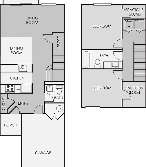 2 Bedroom 2 Bathroom Townhome Floorplan Diagram