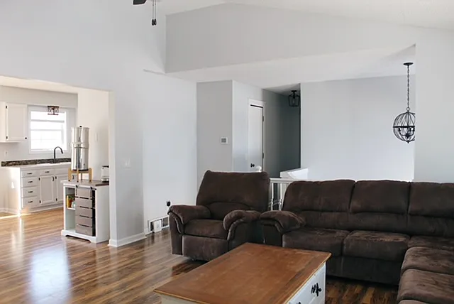 Open Living room looking into the kitchen