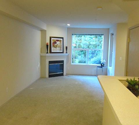 Living room and front door area, along with wood burning fireplace as viewed from the living room.