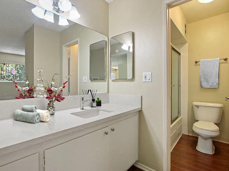 Single vanity area, Bathroom with shower hot tub combo on the right