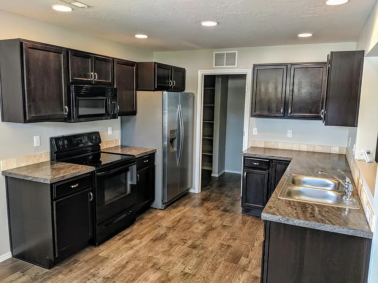 Stainless steel fridge and dishwasher.